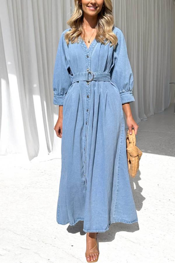 CM | Cintura maxi vestido vaquero casual con tapeta de botones