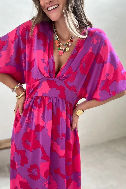 CM | Rosa Estampado Floral Abstracto Cuello en V Dolman Maxi Vestido