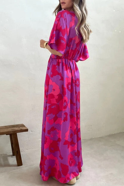 CM | Rosa Estampado Floral Abstracto Cuello en V Dolman Maxi Vestido