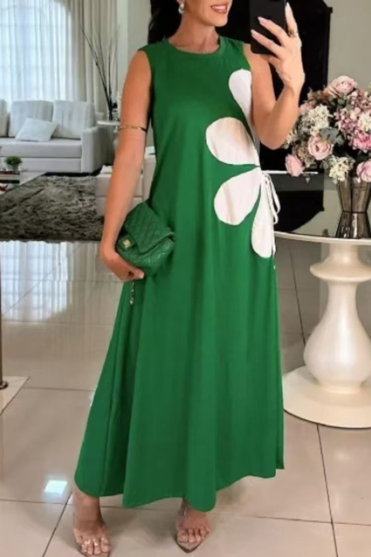 CM | Color Sólido Cuello Redondo Floral Maxi Vestido