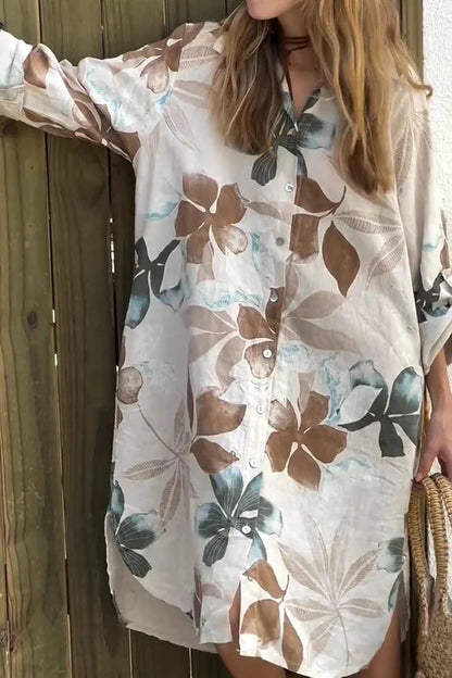 CM | Botanical Print Vestido midi holgado de manga larga y un solo pecho con bolsillos