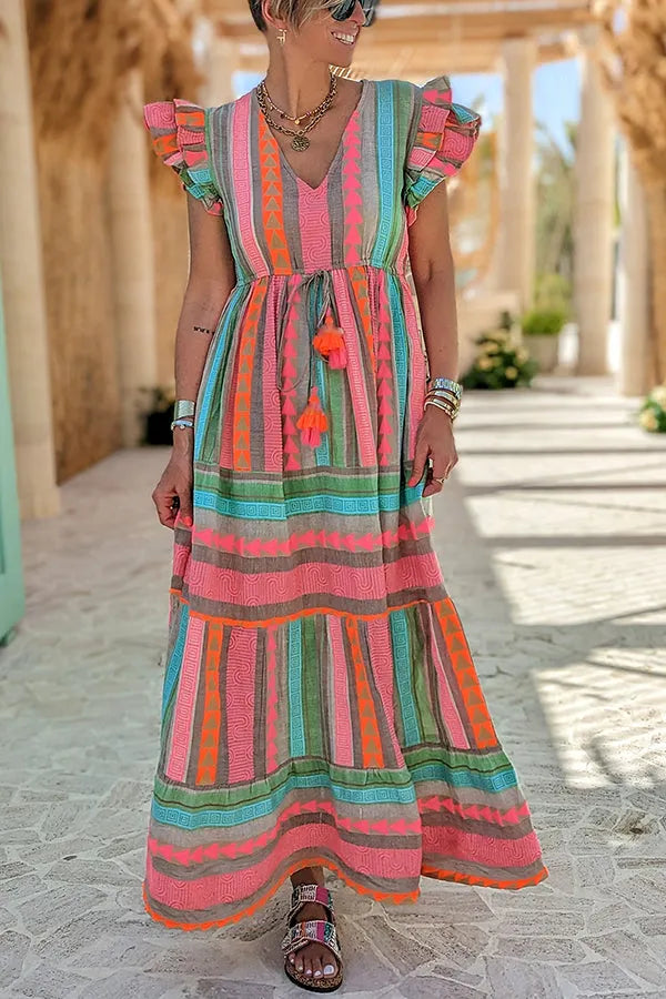 CM | Sunlit Magic Mezcla de Lino Estampado Étnico Manga con Volantes Maxi Vestido con Borlas