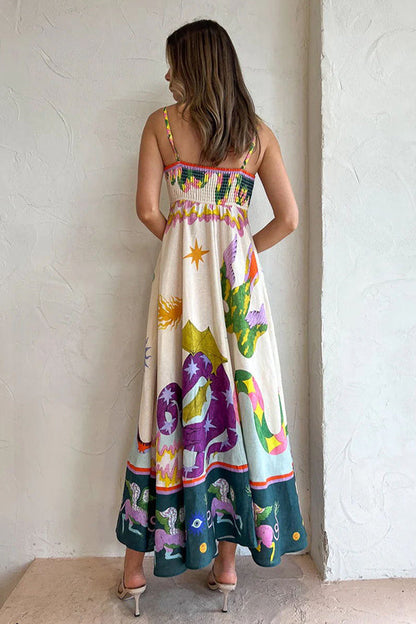 CM | Feel Effortlessly Vestido midi con espalda fruncida en mezcla de lino y estampado único