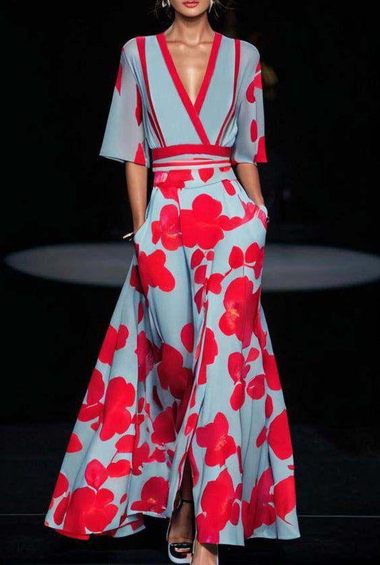CM | maxi vestido azul con estampado floral y escote en V para mujer