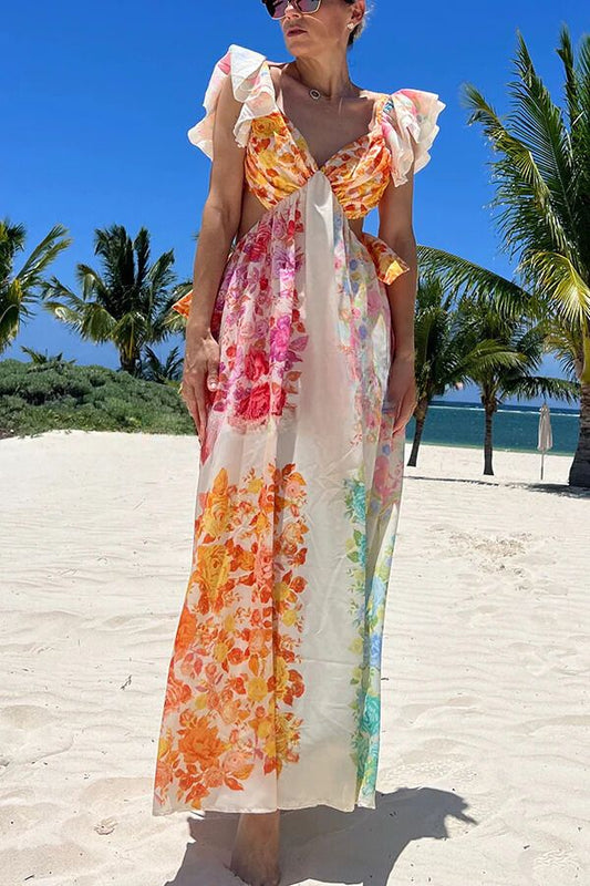 CM | Blooming Beauty Maxi Vestido Floral con Cuello de Volantes y Lazo en la Espalda Multicolor