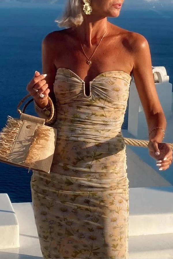 CM | Santorini Sunset Delicado maxi vestido de gasa sin tirantes con estampado floral