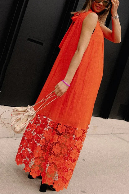 CM | Breezy Comfort escote de corbata maxi vestido sin mangas con dobladillo de encaje floral