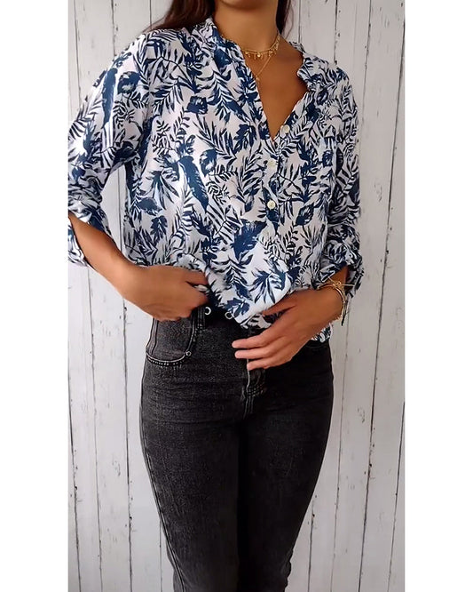 CM | Blusa casual con botones y estampado de hojas con cuello en V y mangas nueve cuartos
