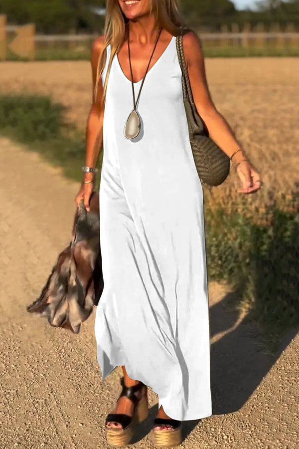 CM | Color Sólido Cuello en V Vestido Maxi Casual Sin Mangas