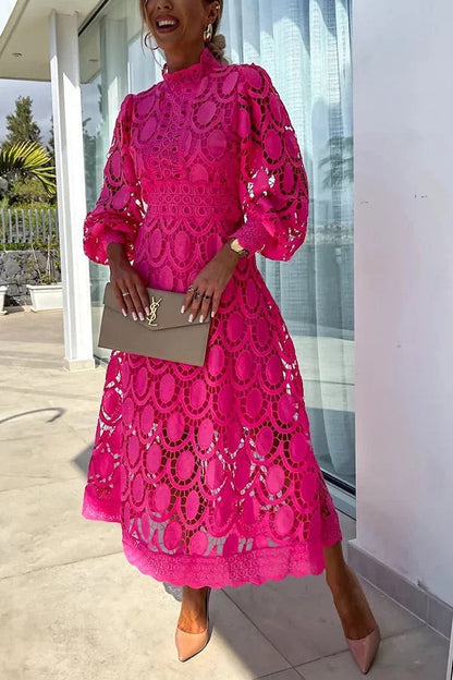 CM | Romántico, Sensual y Elegante Vestido Midi de Encaje de Crochet con Manga Farol de Fiesta