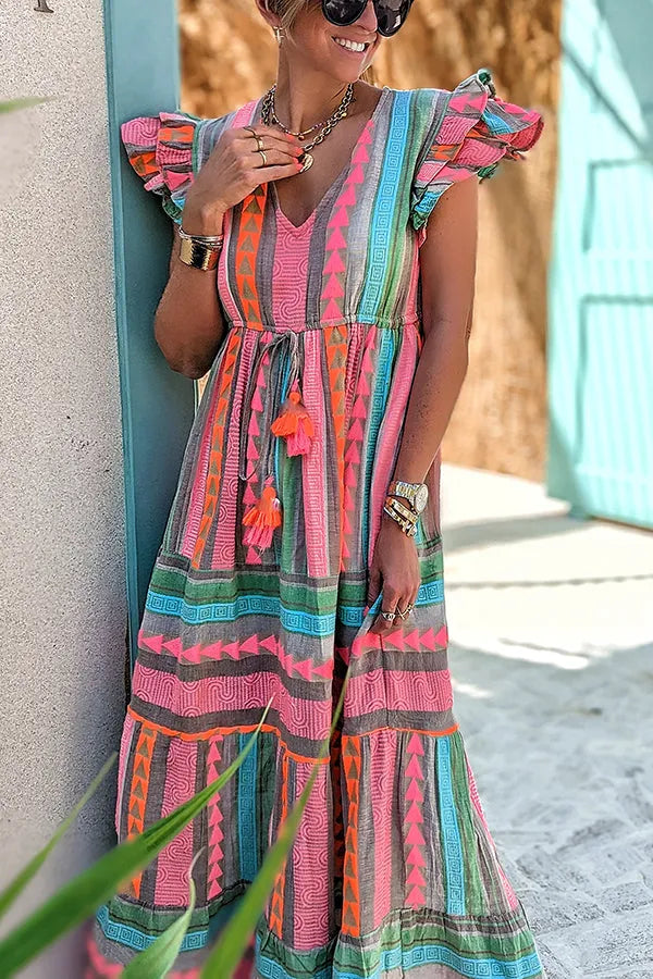 CM | Sunlit Magic Mezcla de Lino Estampado Étnico Manga con Volantes Maxi Vestido con Borlas