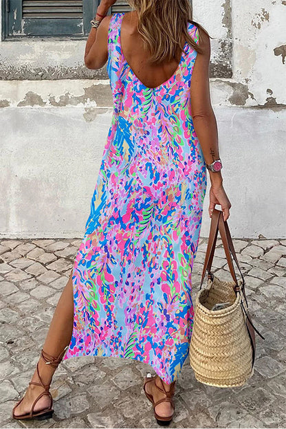 CM | Morado Fluorescente Estampado Cuello Redondo Maxi Vestido Sin Mangas