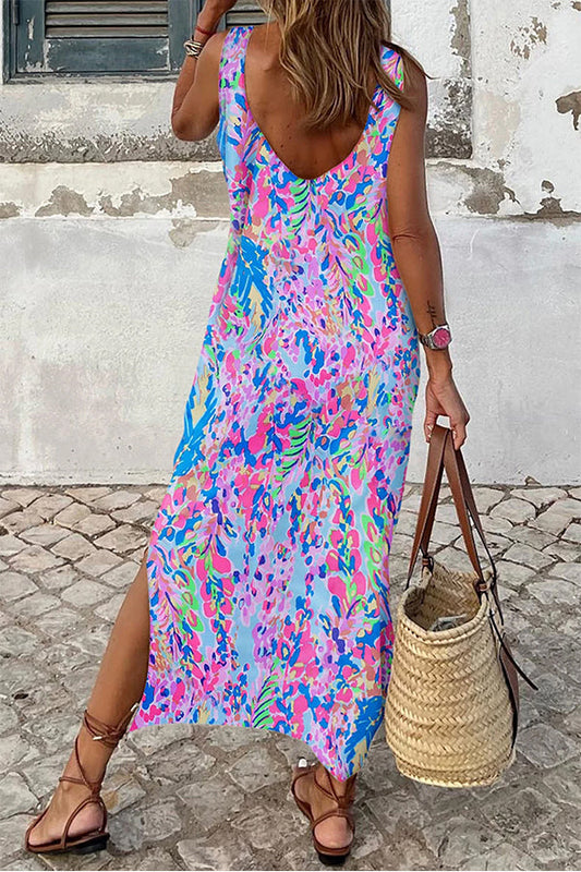CM | Morado Fluorescente Estampado Cuello Redondo Maxi Vestido Sin Mangas