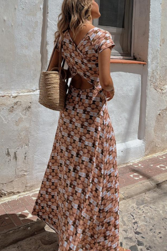 CM | Salmón Regular Estampado Maxi Vestido Manga Corta