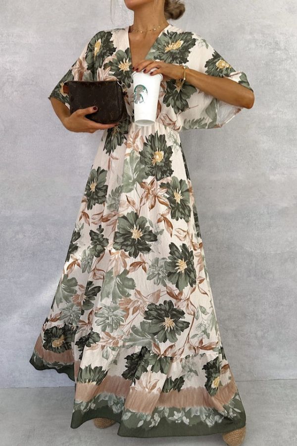 CM | Retro Cuello en V Impreso Manga Corta Cintura Largo Maxi Vestido