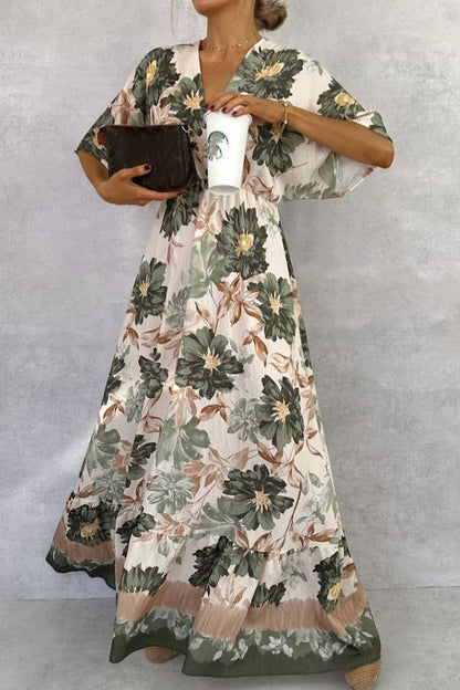 CM | Retro Cuello en V Impreso Manga Corta Cintura Largo Maxi Vestido