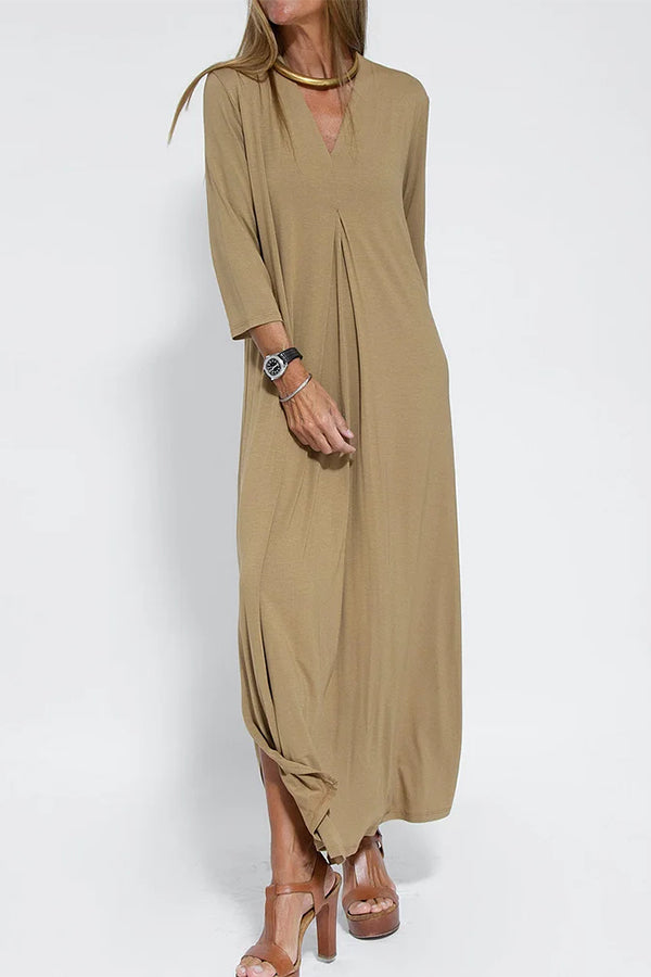 CM | Mujeres Casual Cuello en V Color Sólido Maxi Vestido