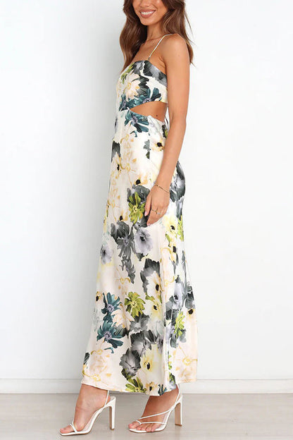 CM | Garden Party Floral Satén Recorte Espalda Encaje Maxi Vestido