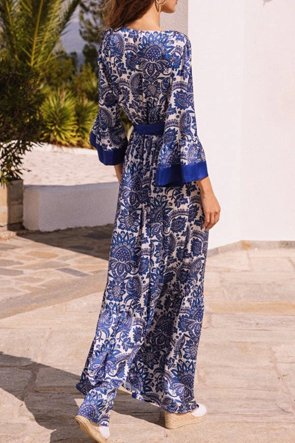 CM | Greek Island Satén Cinturón de borlas estampado floral único Maxi vestido de aspecto envolvente