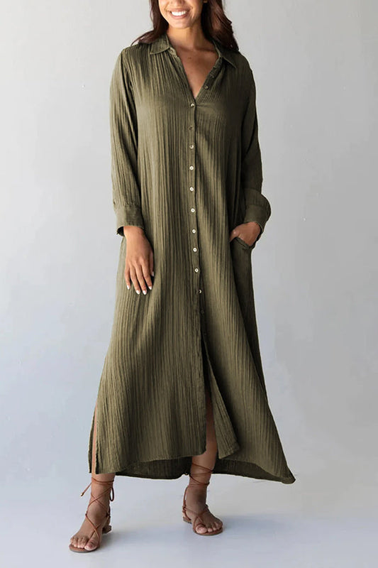 CM | Green Vestido maxi suelto con pliegues y abertura lateral