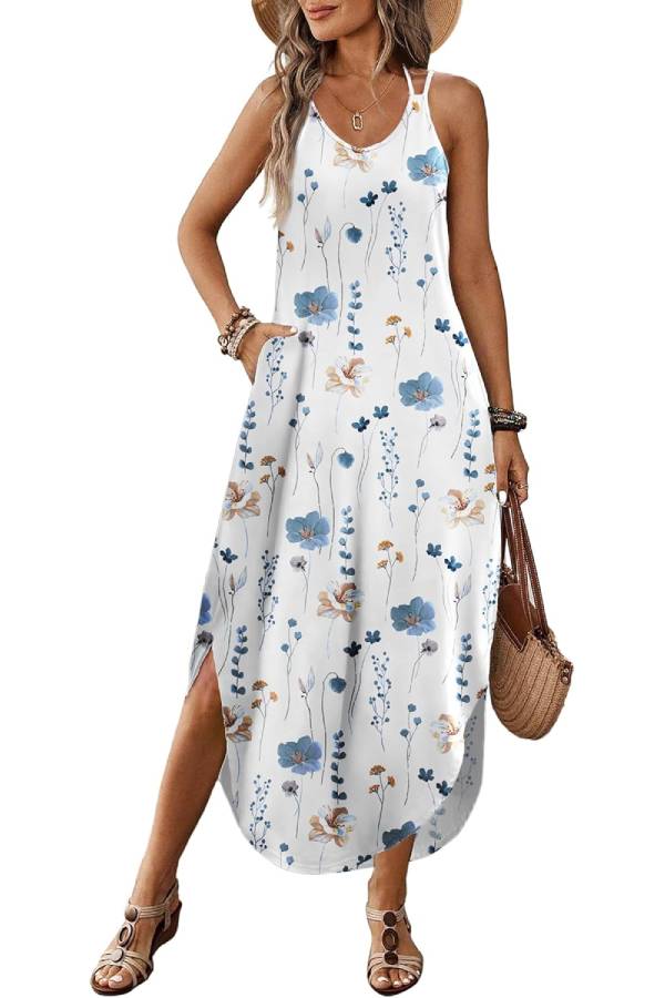 CM | Casual V-cuello halter hendidura bohemio playa resort maxi vestido
