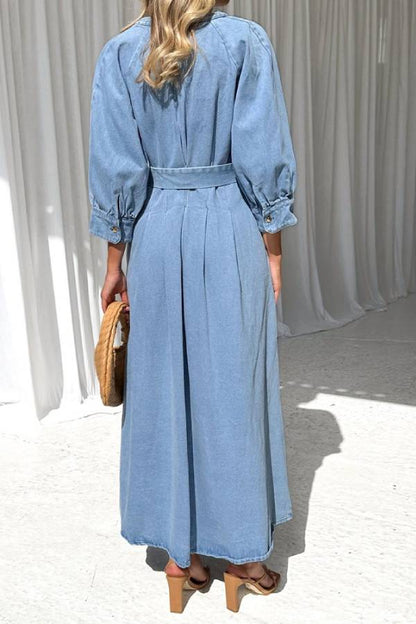 CM | Cintura maxi vestido vaquero casual con tapeta de botones