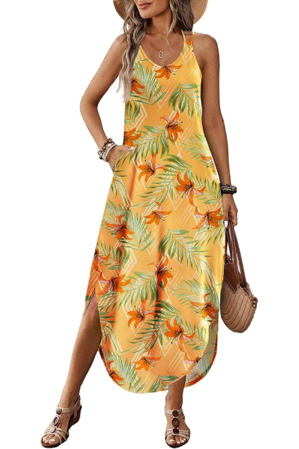 CM | Casual V-cuello halter hendidura bohemio playa resort maxi vestido