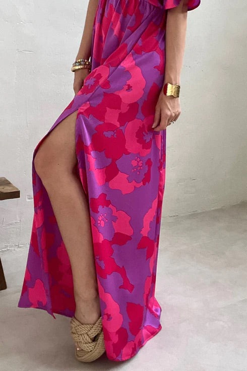 CM | Rosa Estampado Floral Abstracto Cuello en V Dolman Maxi Vestido