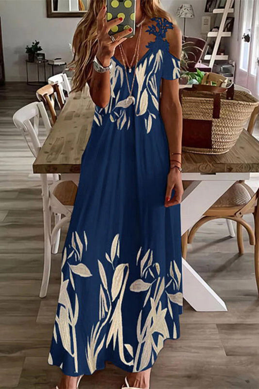 CM | Viana maxi vestido estampado de encaje de color contrastado con mangas rectas