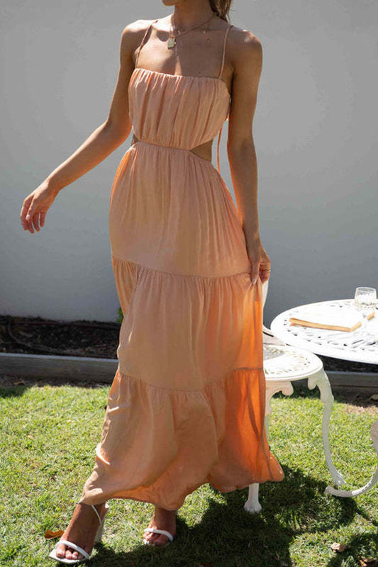 CM | Vestido largo de swing sin mangas, con cintura abierta y capas