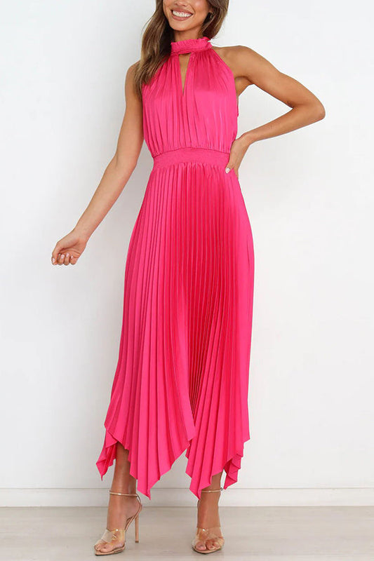 CM | Luxe Look Satén Plisado Halter Cintura Elástica Vestido Midi