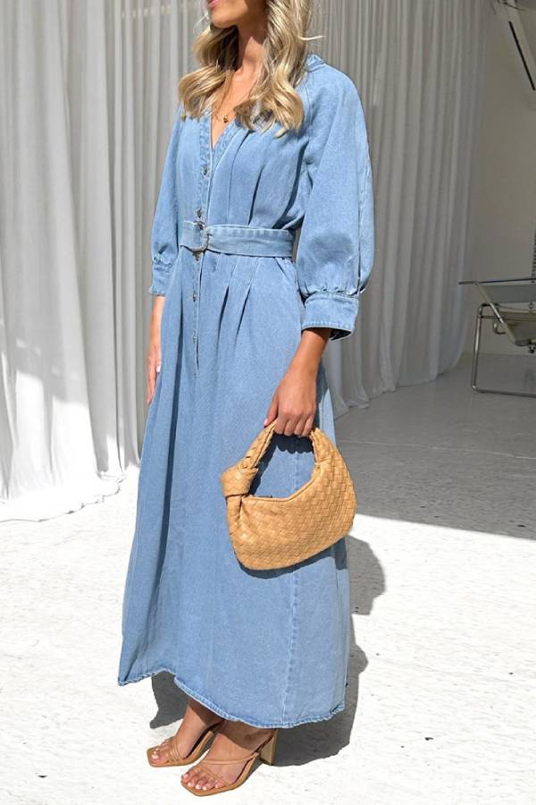 CM | Cintura maxi vestido vaquero casual con tapeta de botones