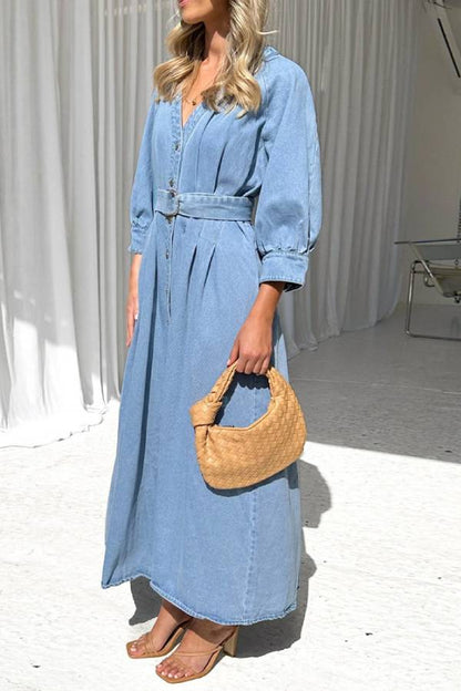 CM | Cintura maxi vestido vaquero casual con tapeta de botones