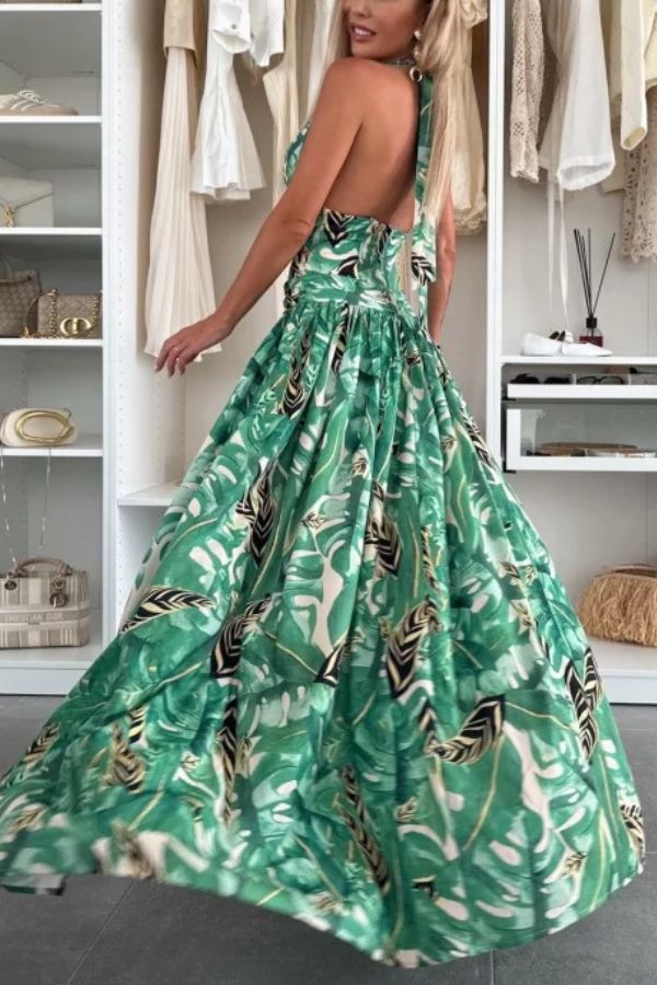 CM | Paisaje Amazónico Impresión Única Cuello Atado Cintura Anillo Halter Hendidura Maxi Vestido