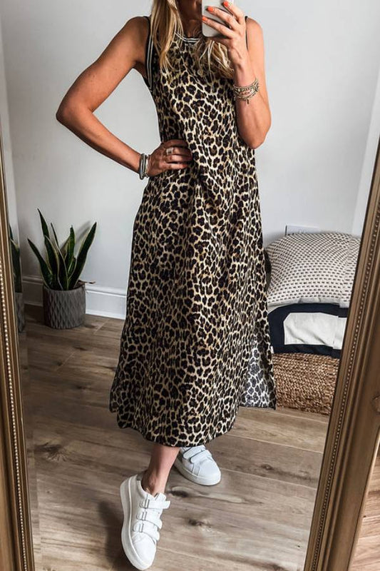 CM | Vestido midi sin mangas con estampado de leopardo a rayas en contraste negro