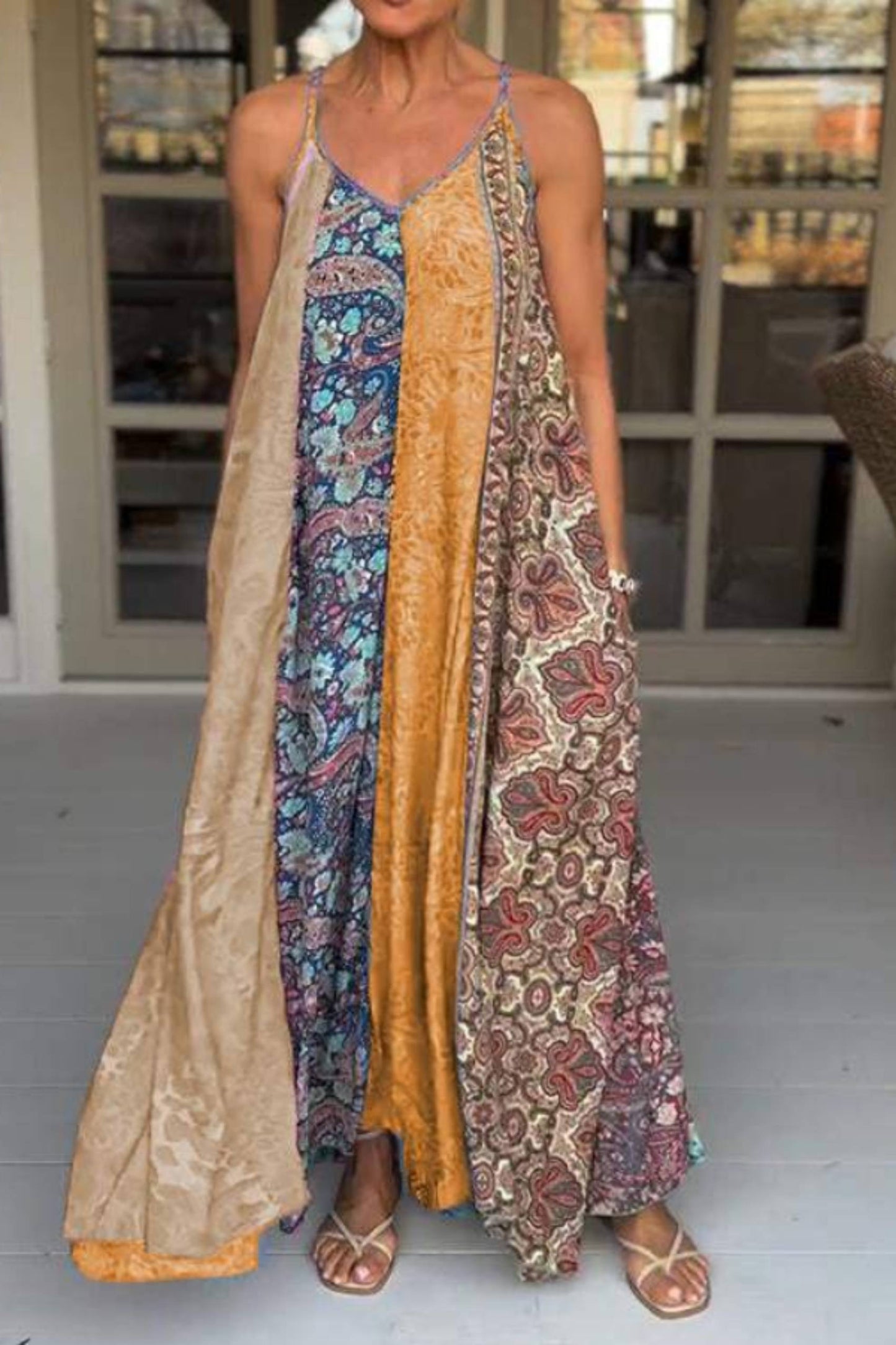 CM | Vestido de fiesta suelto estampado único con dobladillo ancho maxi vestido