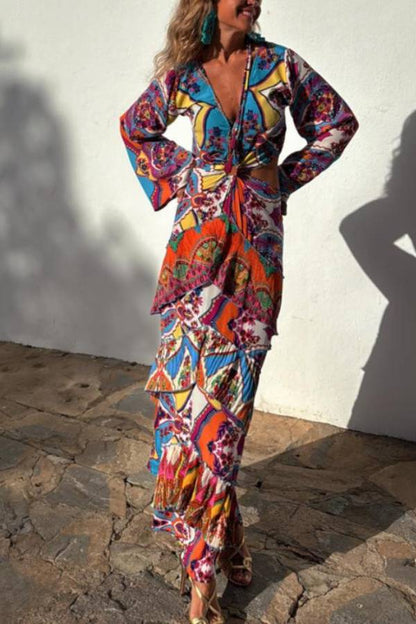CM | Colorido Etiqueta Impresión Única Manga de Campana Cuello Cintura Capas Maxi Vestido