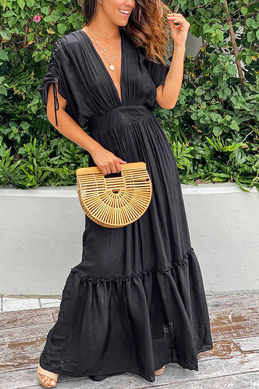 CM | Kimono negro plisado con cordón y mangas con volantes maxi vestido