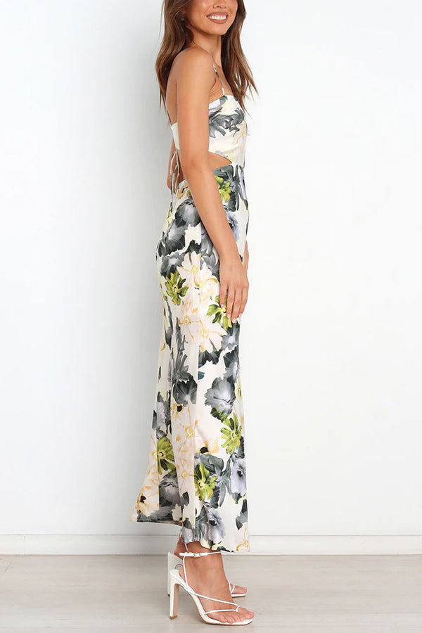 CM | Garden Party Floral Satén Recorte Espalda Encaje Maxi Vestido