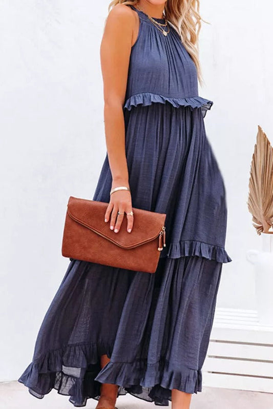 CM | Vittoria Vestido maxi halter fruncido con volantes