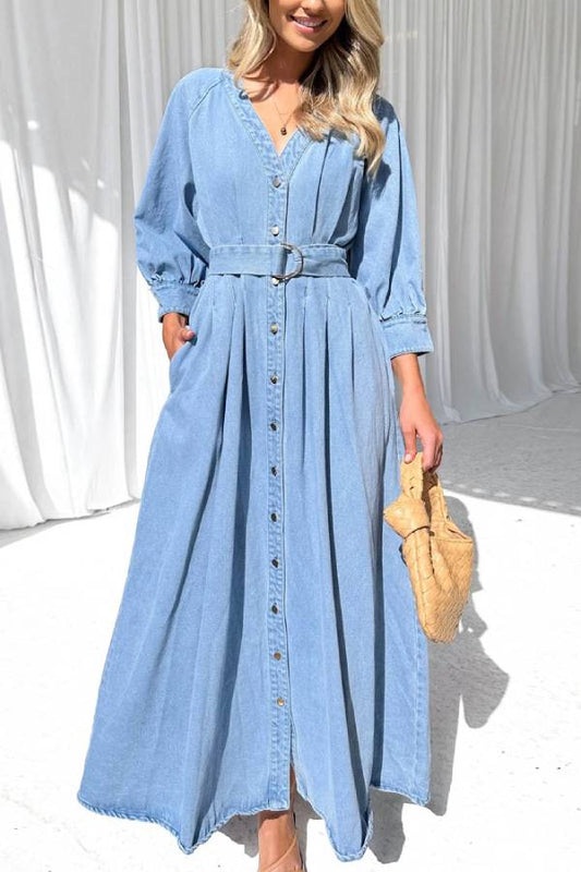 CM | Cintura maxi vestido vaquero casual con tapeta de botones