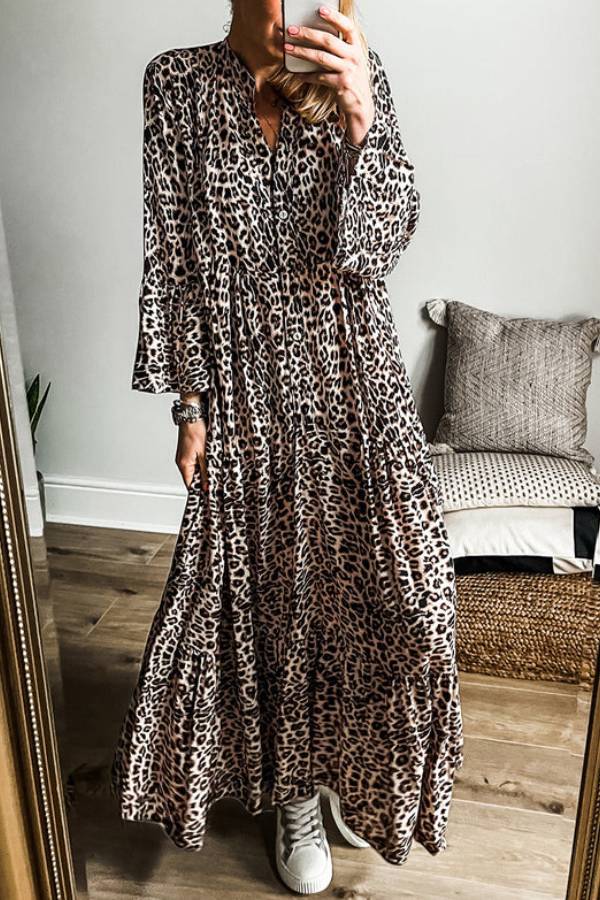 CM | maxi vestido de rayas con mangas anchas y estampado de leopardo albaricoque