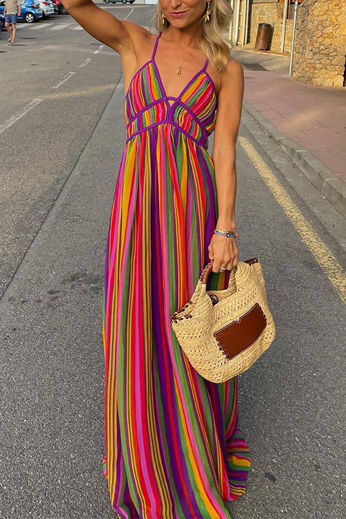 CM | Cuello en V sin espalda rayas arco iris cami maxi vestido de vacaciones