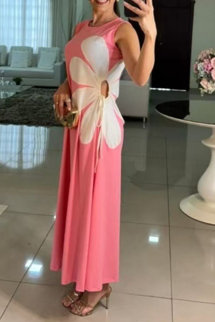 CM | Color Sólido Cuello Redondo Floral Maxi Vestido