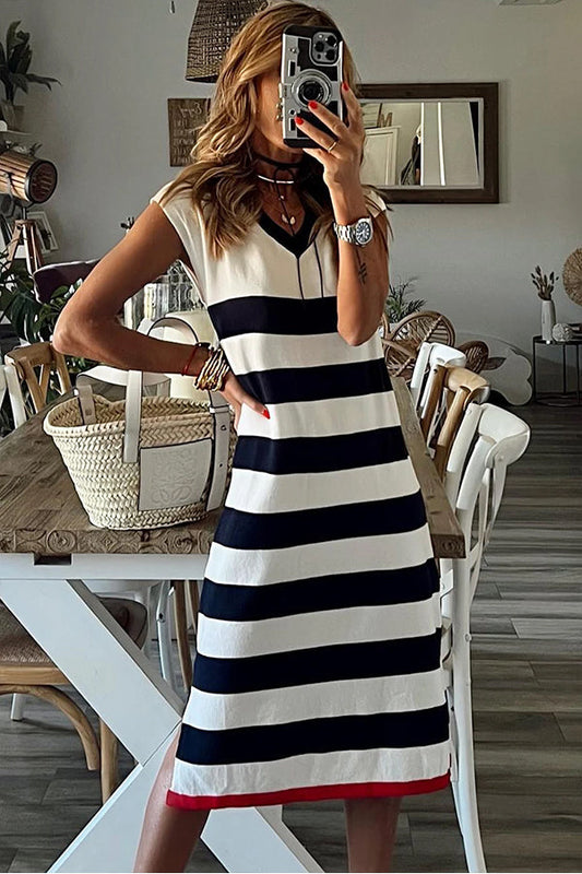 CM | Stripes Elegante vestido midi con escote en V y manga larga