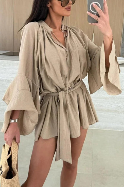 CM | Molly Lino Mezcla Tiered Bell Sleeve Tie-up Cover-up Mini Vestido