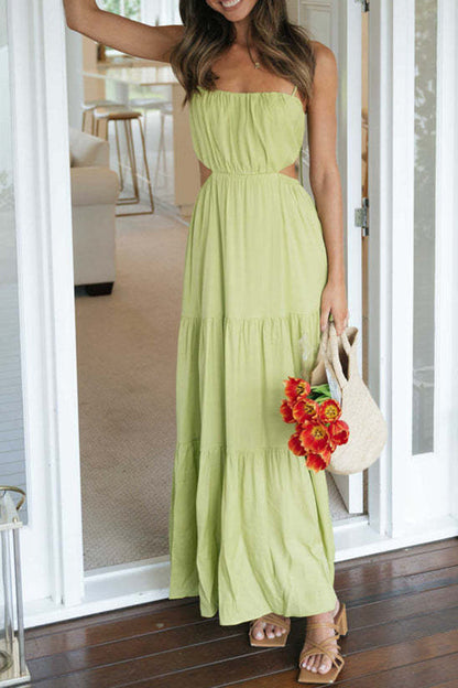 CM | Vestido largo de swing sin mangas, con cintura abierta y capas