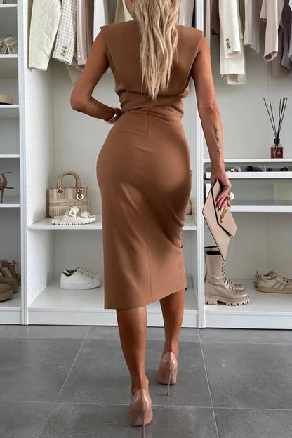 CM | Color sólido Escote redondo Sin mangas Vestido midi slim-fit con abertura