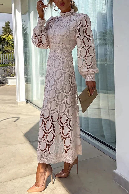 CM | Romántico, Sensual y Elegante Vestido Midi de Encaje de Crochet con Manga Farol de Fiesta