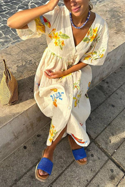 CM | Vestido midi de lino estampado